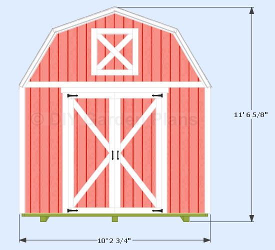 Shed width 10â€² 2 Â¾â€ measured from the trim. Height 11â€² 6 5/8â€³