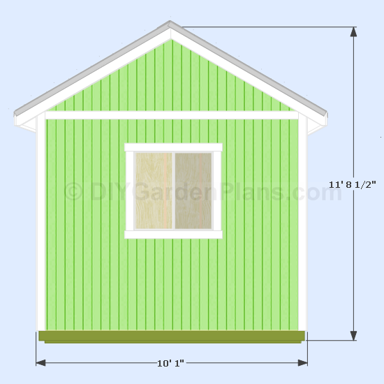 Shed depth 10′ 1″ measured from the trim. Height 11′ 8 1/2″